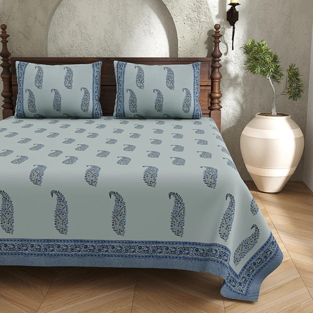 Slate Blue Indigo Paisley Hand Block Print King Size Bedsheet | 400 TC 100% Pure Cotton