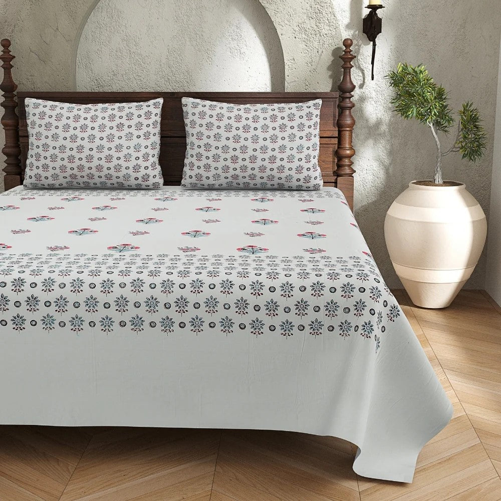 Pearl Grey Base Geometric Floral Hand Block Print 400 TC Pure Cotton King Size Bedsheet