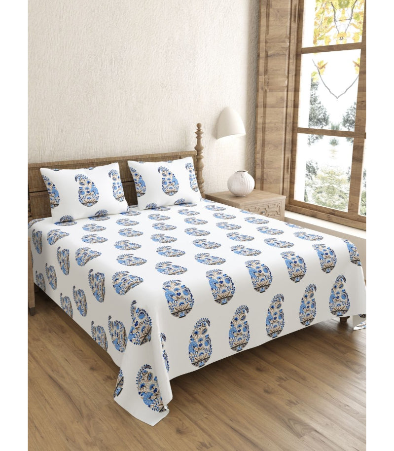 Floral Blue Indian Kairi Design Pinar Handblock Printed King Size Bedsheet | 240 TC 100% Cotton | Set of 3
