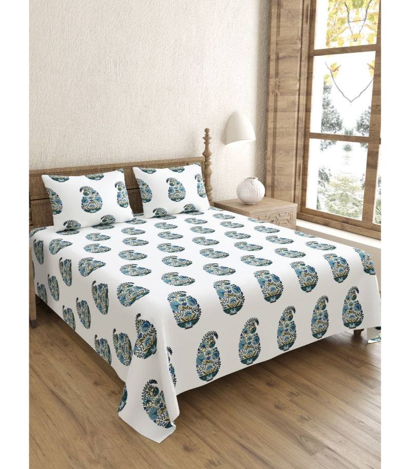 Padma Handblock Floral Green Kairi Design King Size Bedsheet | Crafted in India | 240 TC 100% Cotton | Set of 3