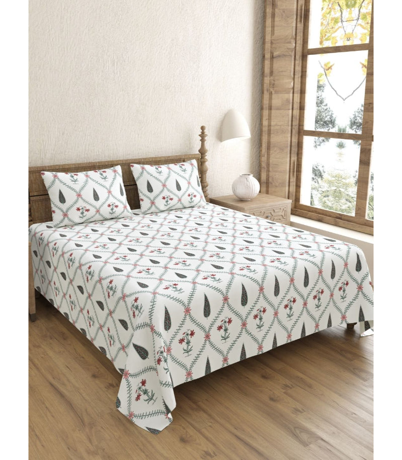 Madhuban Handblock King Size Bedsheet | Pink Flowers & Green Leaves | 240 TC 100% Cotton | Set of 3