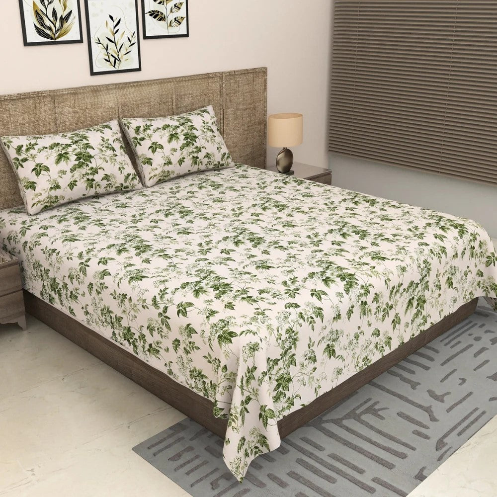 Green Leafy Vine Floral Pure Cotton King Size Bedsheet