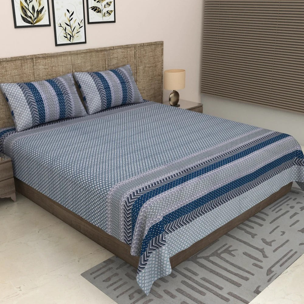 Dark Blue Geometric Stripe & Chevron Pure Cotton King Size Bedsheet