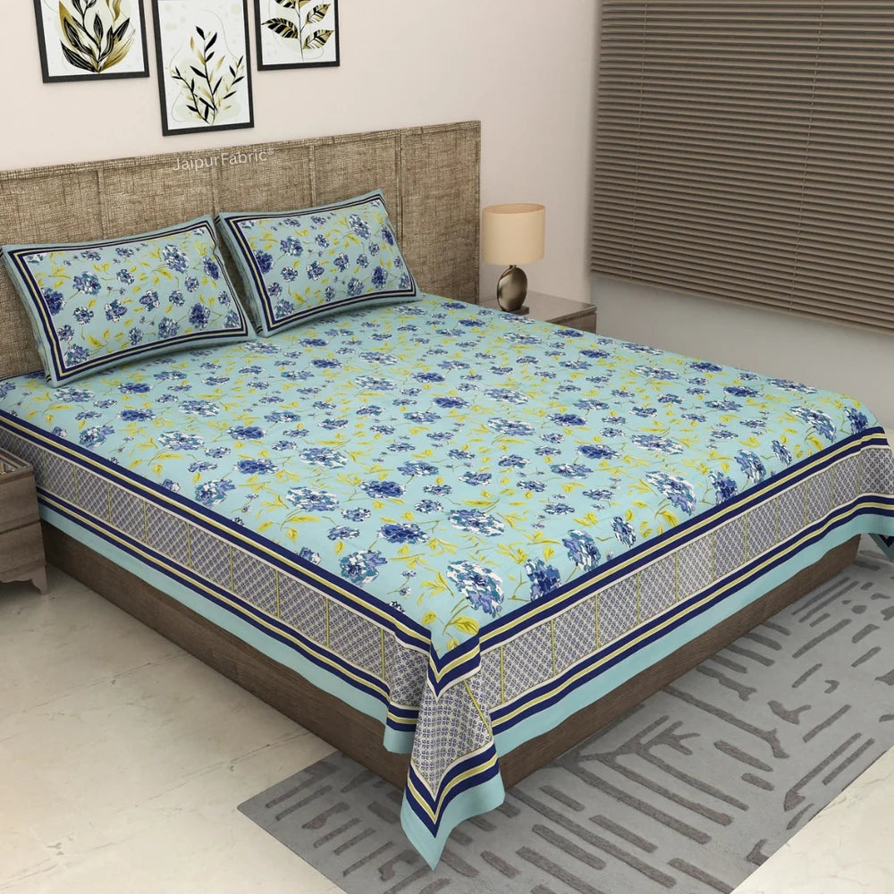 Sky Blue Scattered Garden Floral Pure Cotton King Size Bedsheet | 2 Pillow Covers | MVB YUGVIGYANA