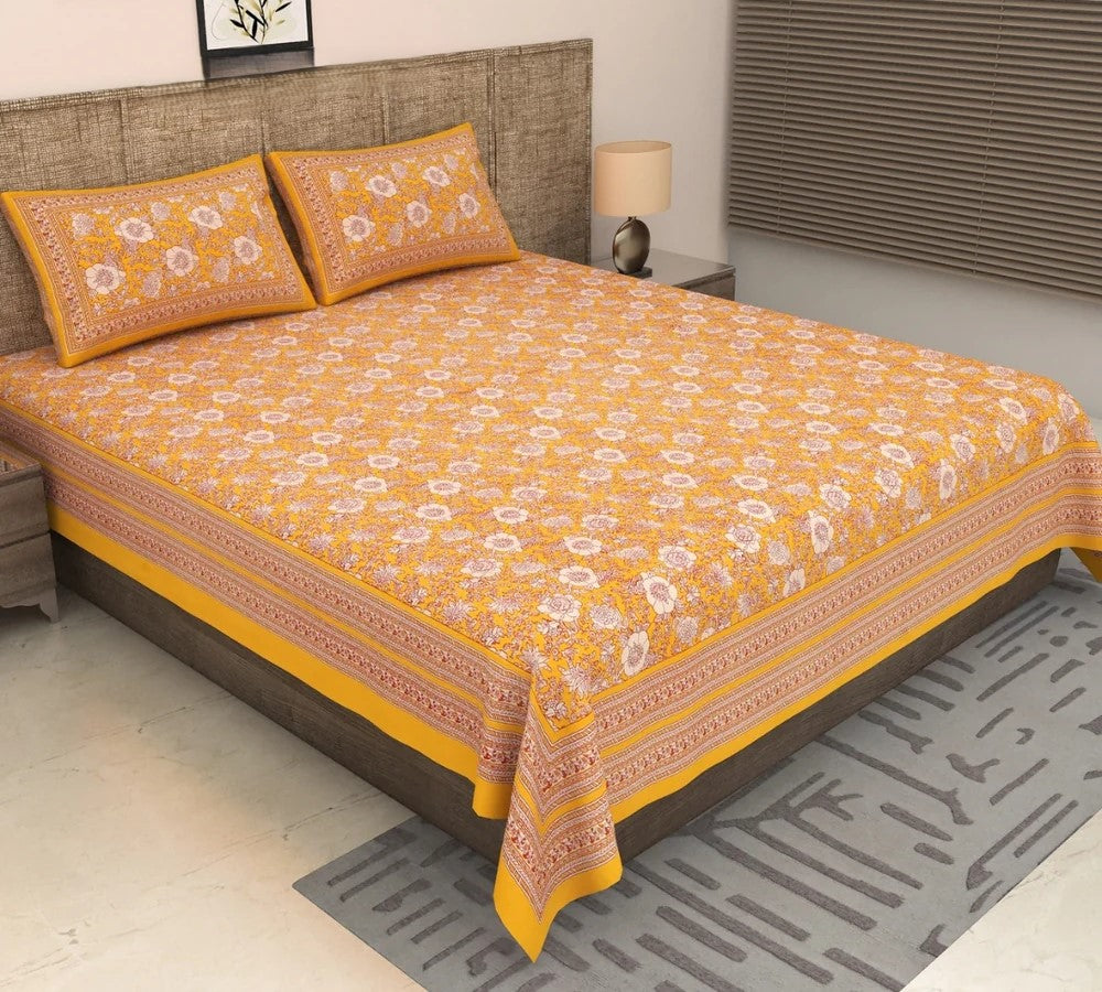 Mustard Yellow Ethnic Floral Jaal Pure Cotton King Size Bedsheet | 2 Pillow Covers | MVB YUGVIGYANA