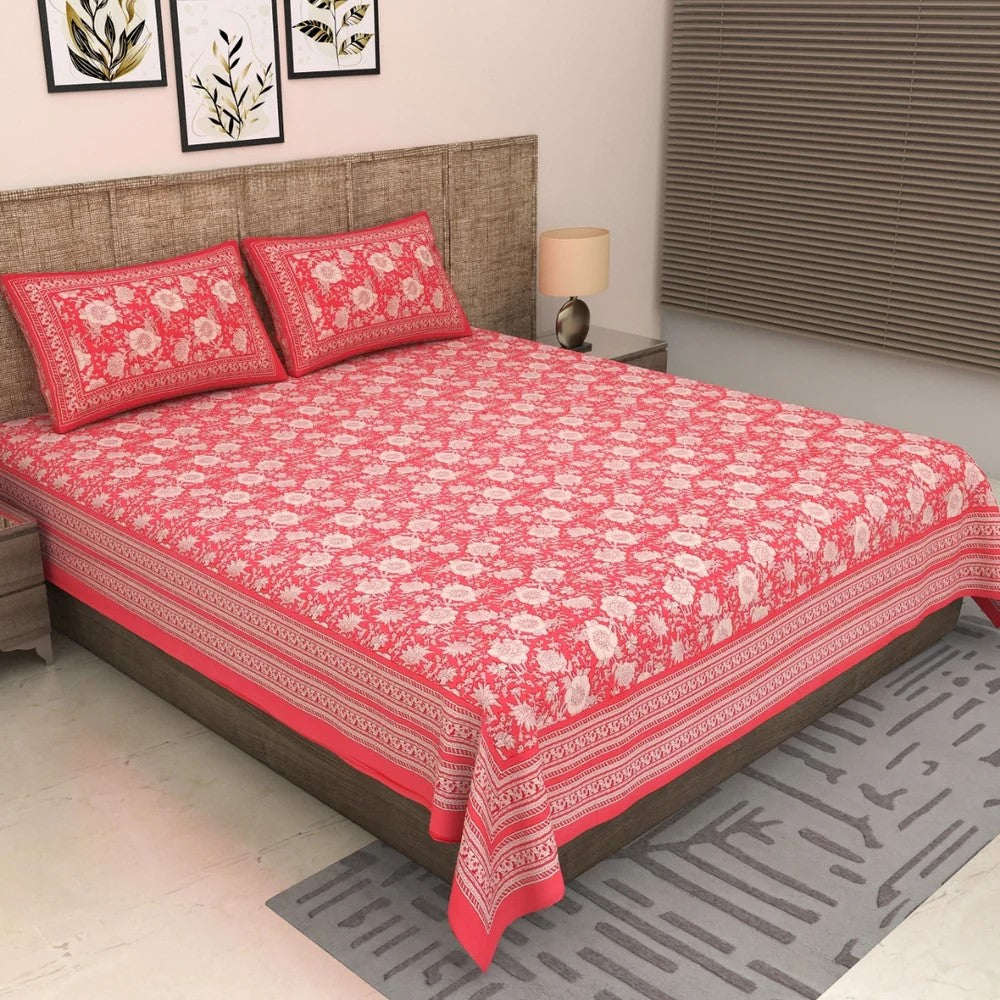 Rose Pink Ethnic Floral Jaal Pure Cotton King Size Bedsheet