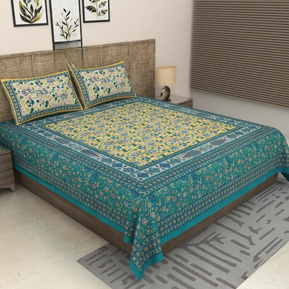 Sea Green & Yellow Classic Royal Buti Pure Cotton King Size Bedsheet | 2 Pillow Covers | MVB YUGVIGYANA
