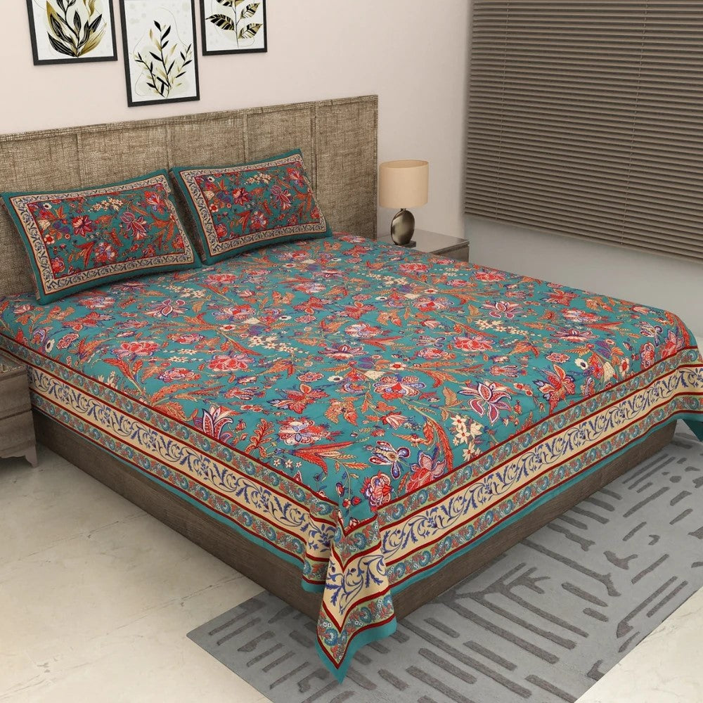 Turquoise Blue Royal Paisley Vine Pure Cotton King Size Bedsheet | 240 TC | MVB Yugvigyana