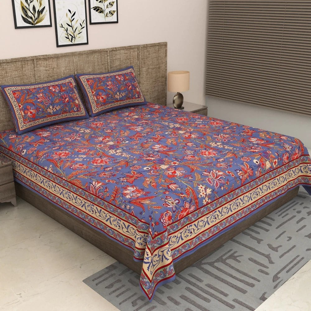 Lavender Blue Royal Paisley Vine Pure Cotton King Size Bedsheet