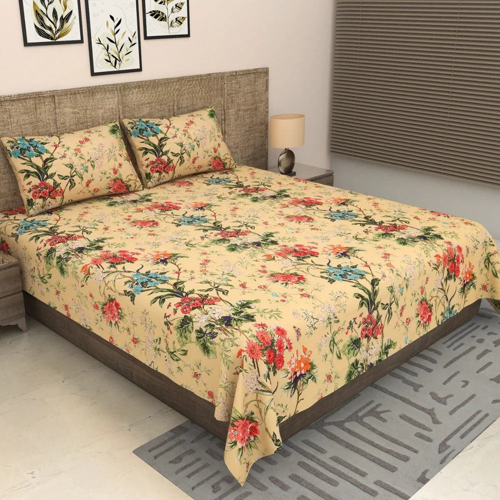 Golden Beige Tropical Floral Bouquet Pure Cotton King Size Bedsheet