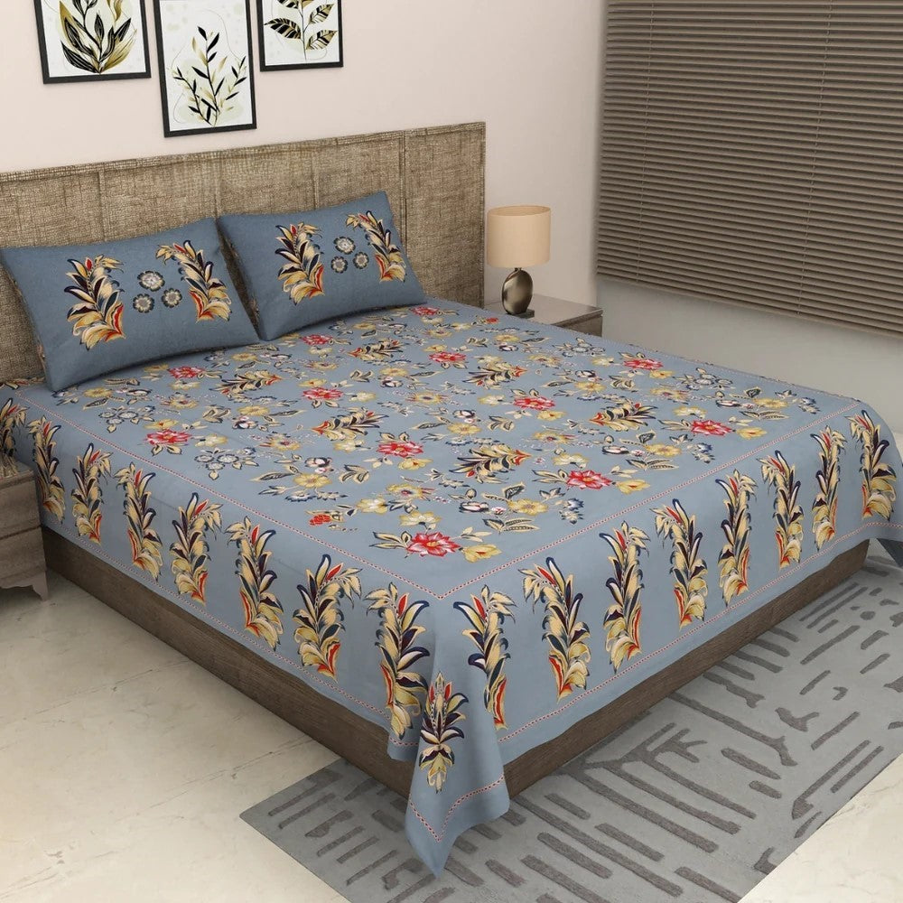 Steel Blue Majestic Fern Leaf Pure Cotton King Size Bedsheet with 2 Pillow Covers