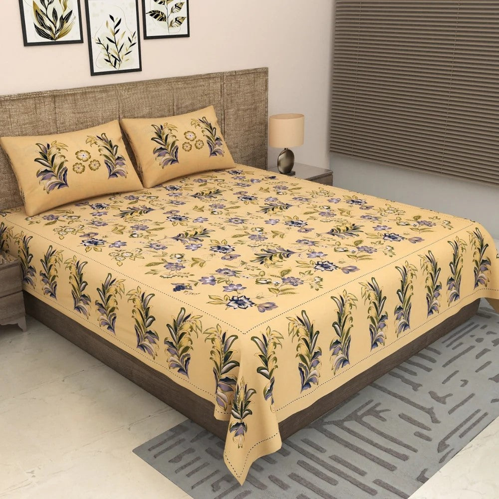 Golden Yellow Floral Meadow Pure Cotton King Size Bedsheet with 2 Pillow Covers