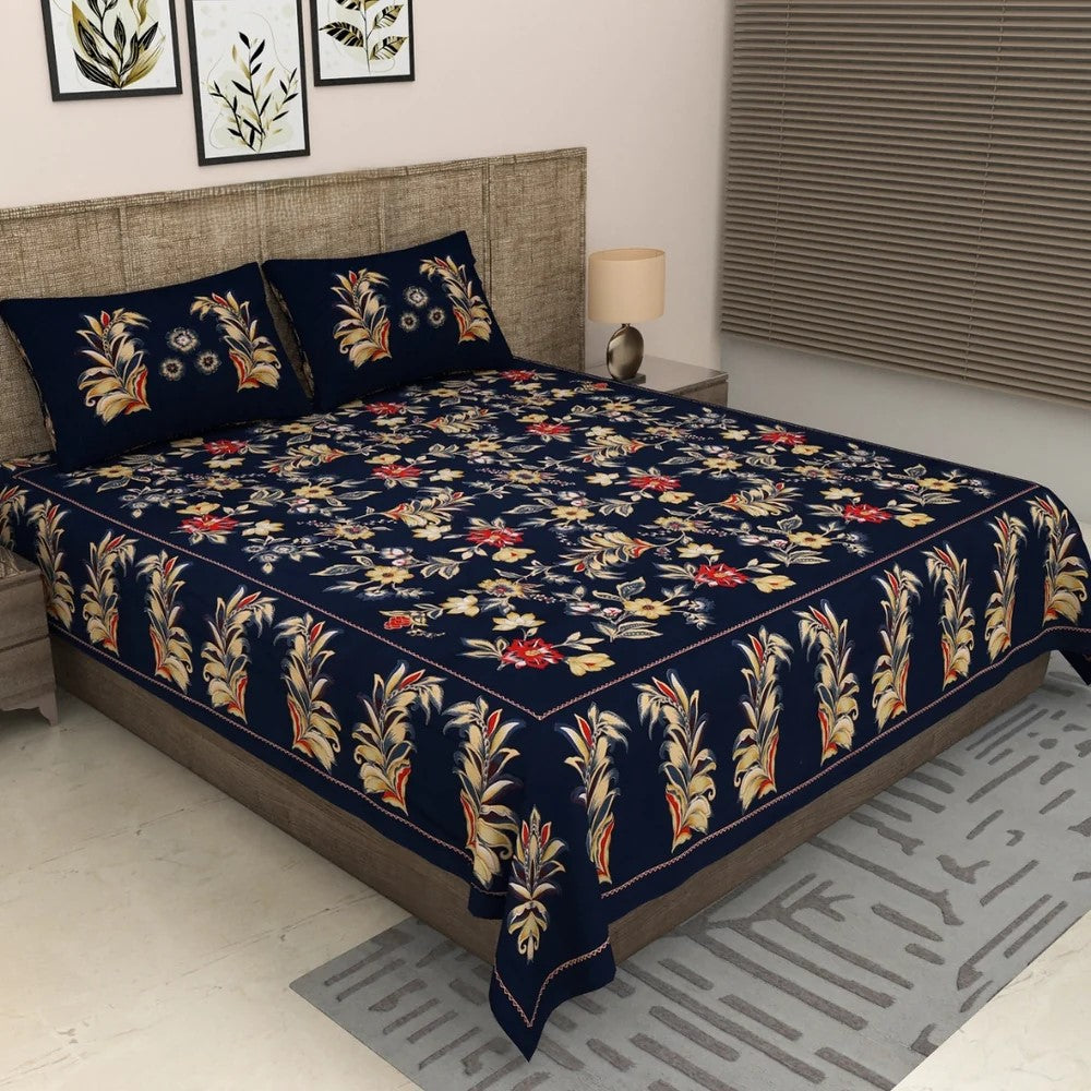Midnight Blue Majestic Fern Leaf Pure Cotton King Size Bedsheet with 2 Pillow Covers