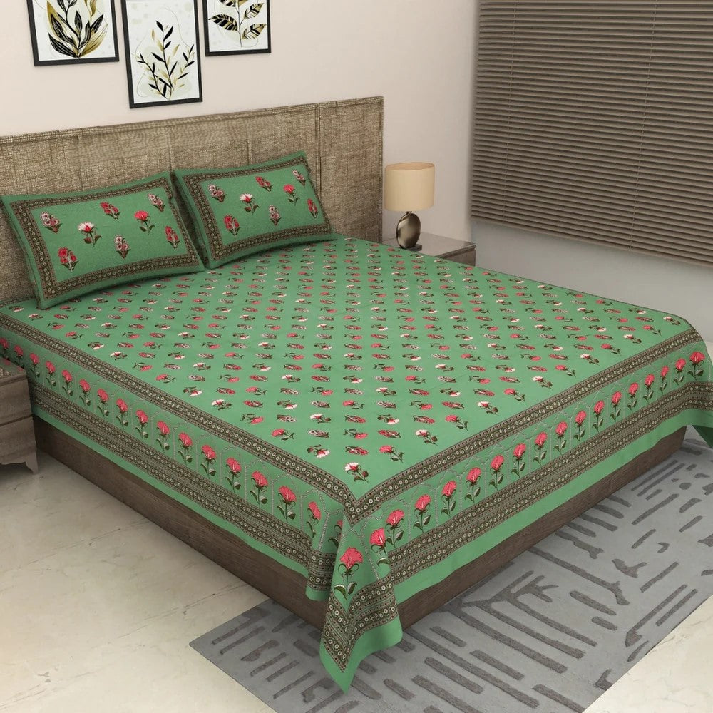 Sage Green Royal Rose Buti Pure Cotton King Size Bedsheet with 2 Pillow Covers