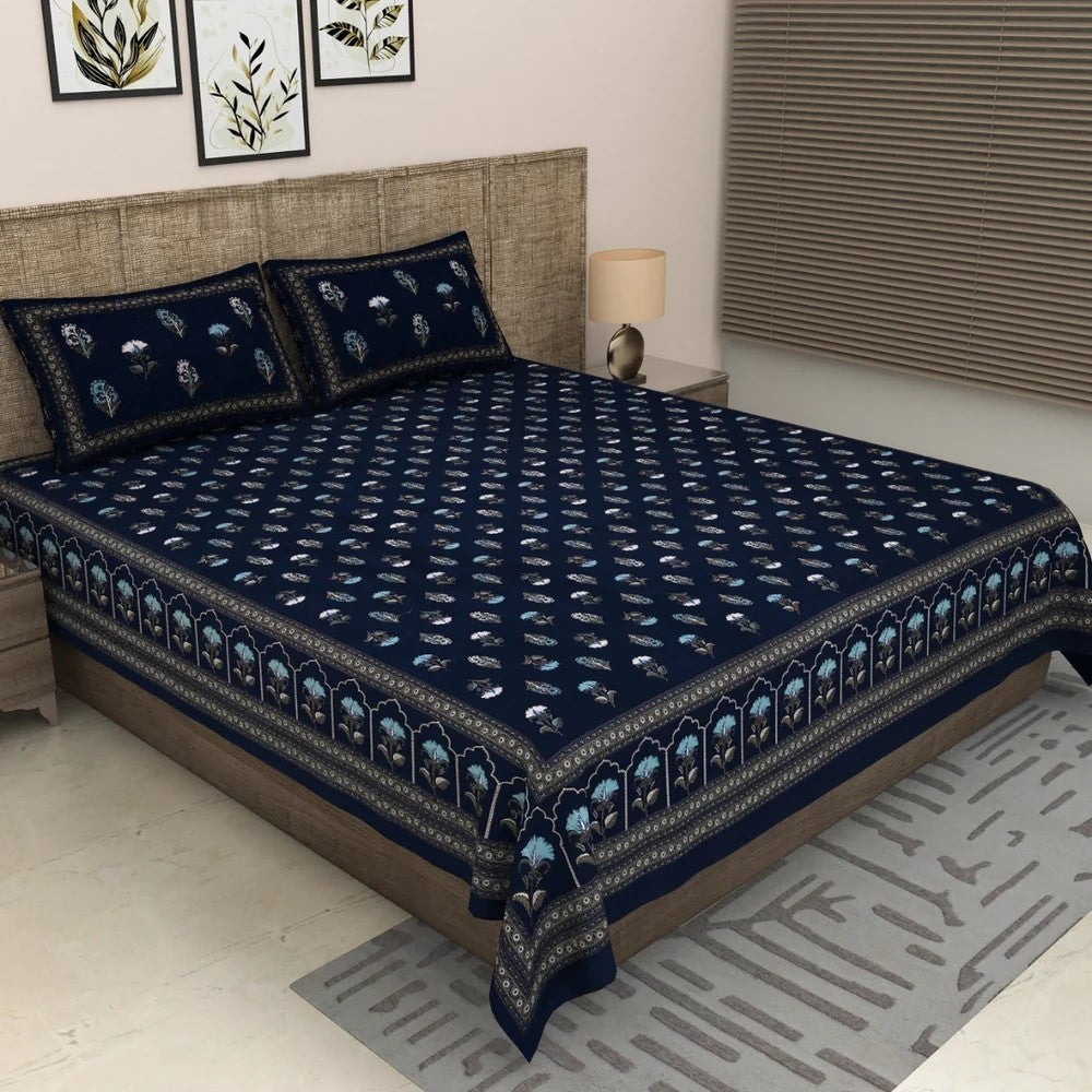 Navy Blue Royal Rose Buti Pure Cotton King Size Bedsheet with 2 Pillow Covers