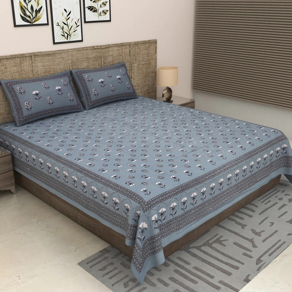 Dusty Blue Royal Rose Buti Pure Cotton King Size Bedsheet with 2 Pillow Covers