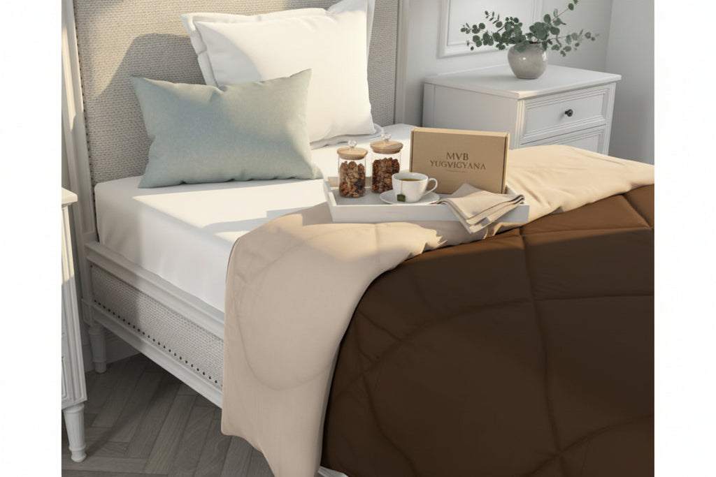 Close-up of microfiber comforter fabric texture - breathable all-season bedding
