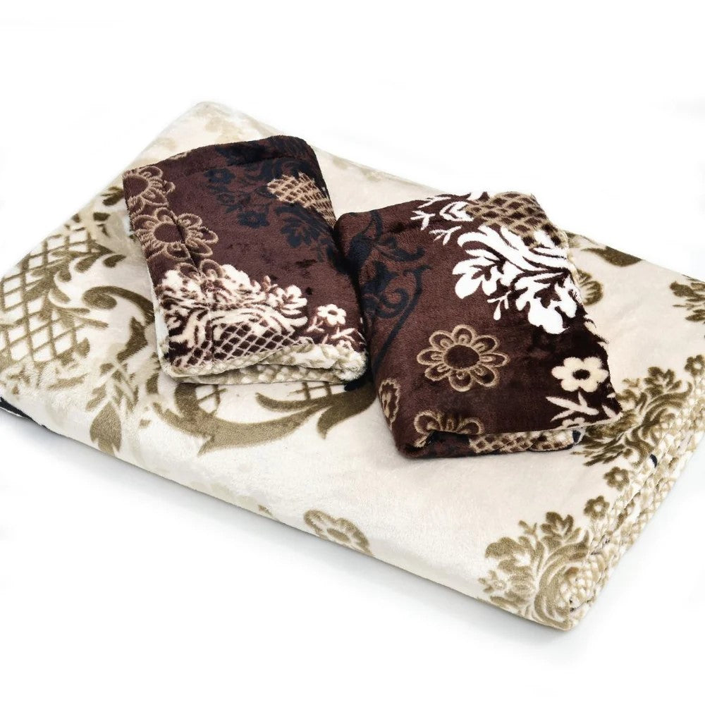 MVB Royal Damask Brown & Gold Super Soft Velvet Double Bedsheet with Matching Pillow Covers