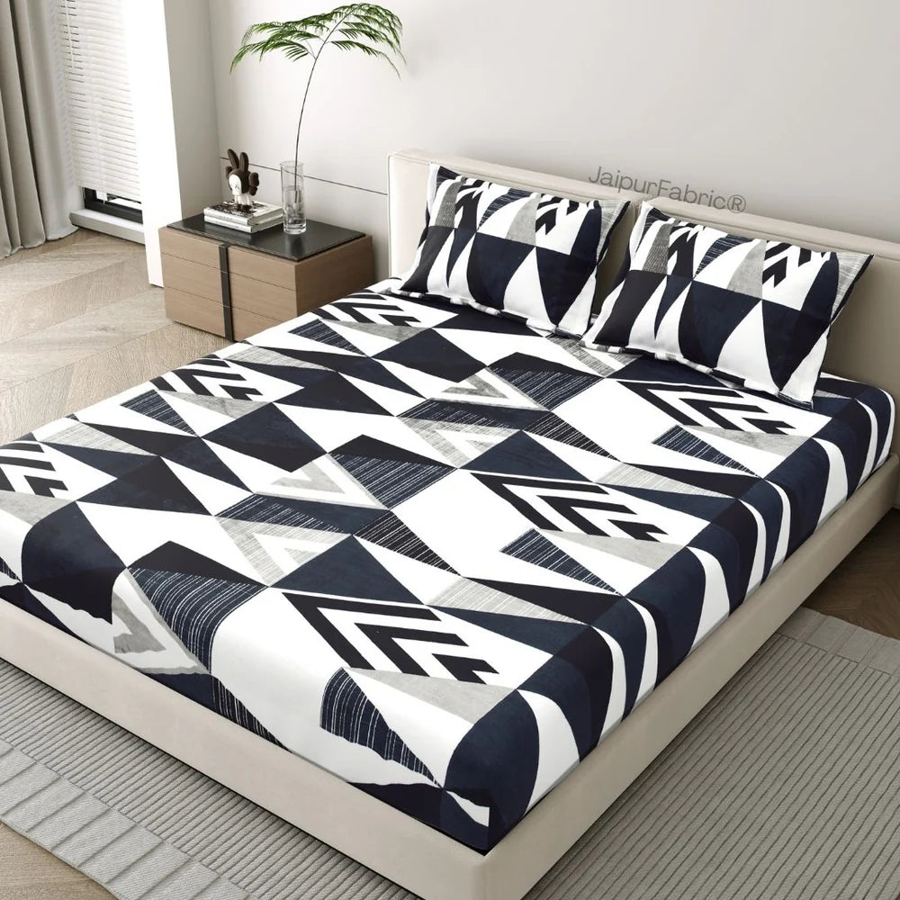 MVB Geometric Black & White Super Soft Velvet Double Bedsheet with 2 Pillow Covers
