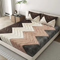MVB Rustic Zigzag Bliss Super Soft Velvet Double Bedsheet with 2 Pillow Covers - Brown Beige Charcoal