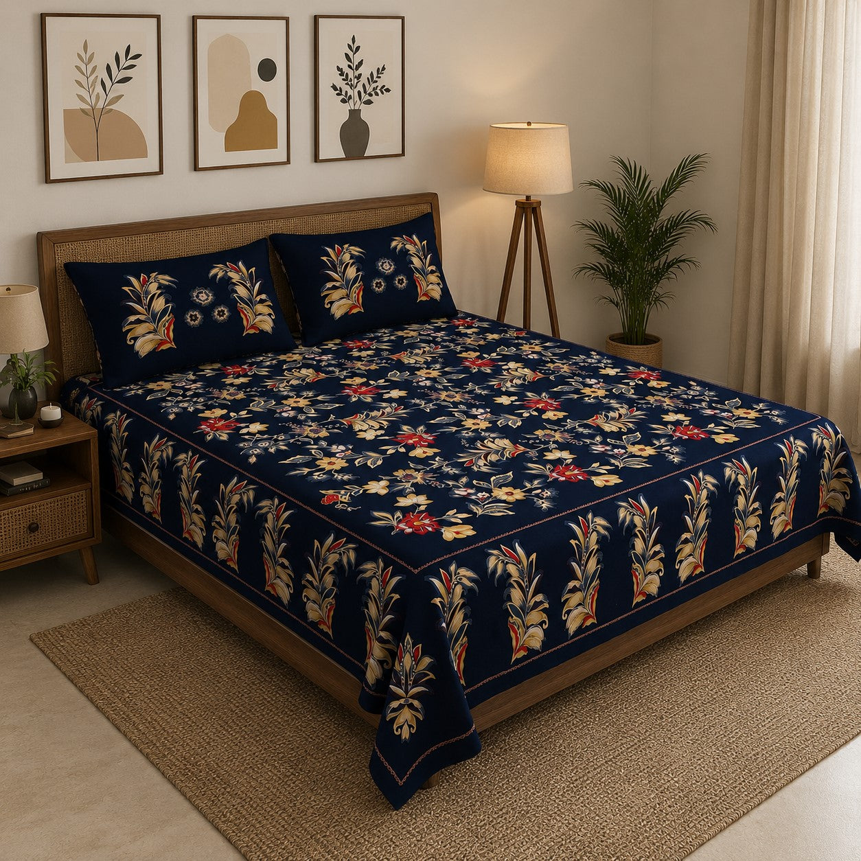 Midnight Blue Majestic Fern Leaf Pure Cotton King Size Bedsheet with 2 Pillow Covers