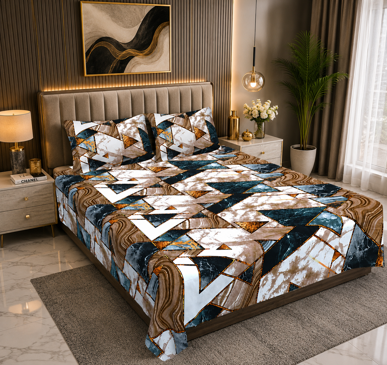 Terracotta Tectonic Flow Double Bedsheet | Marble Geometric Print