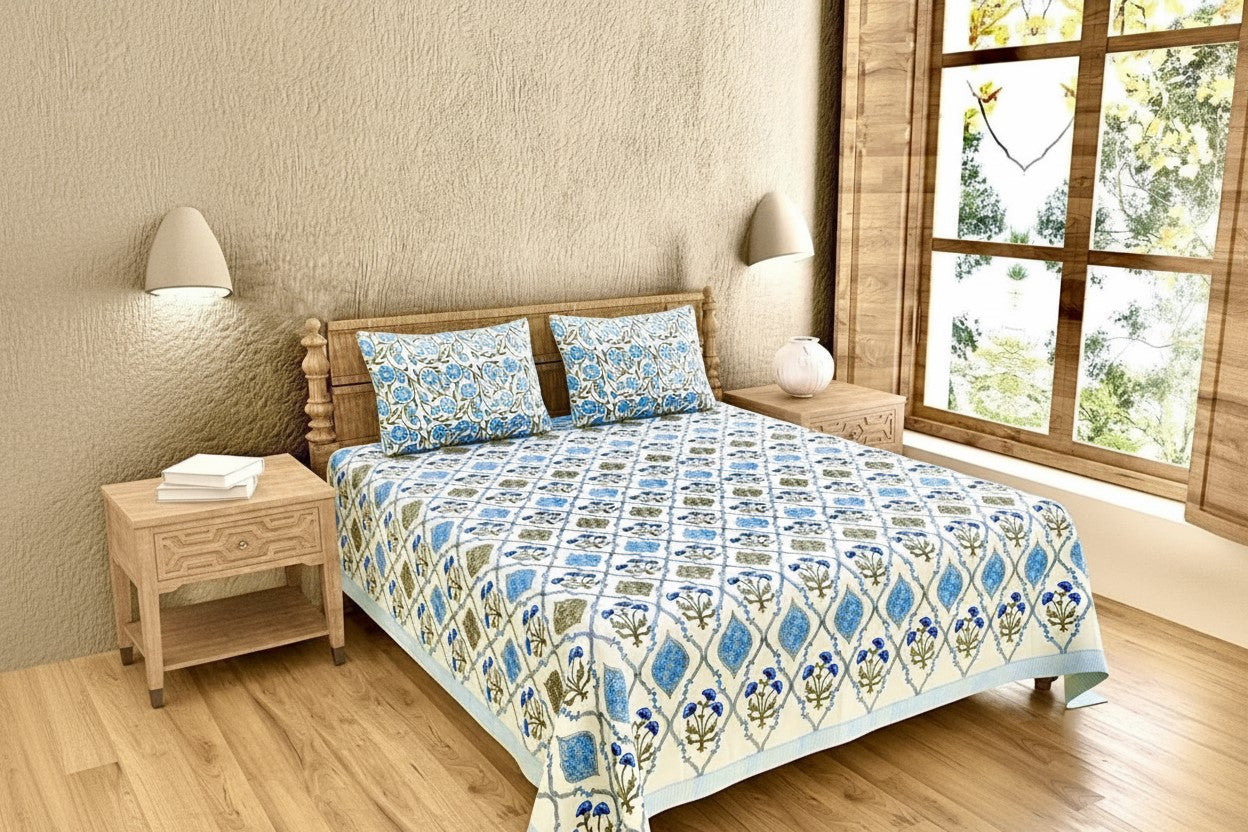 MVB Ultra Premium Block Print King Size Bed Sheet Set | 400 TC | 100% Pure Cotton | 3 Pcs
