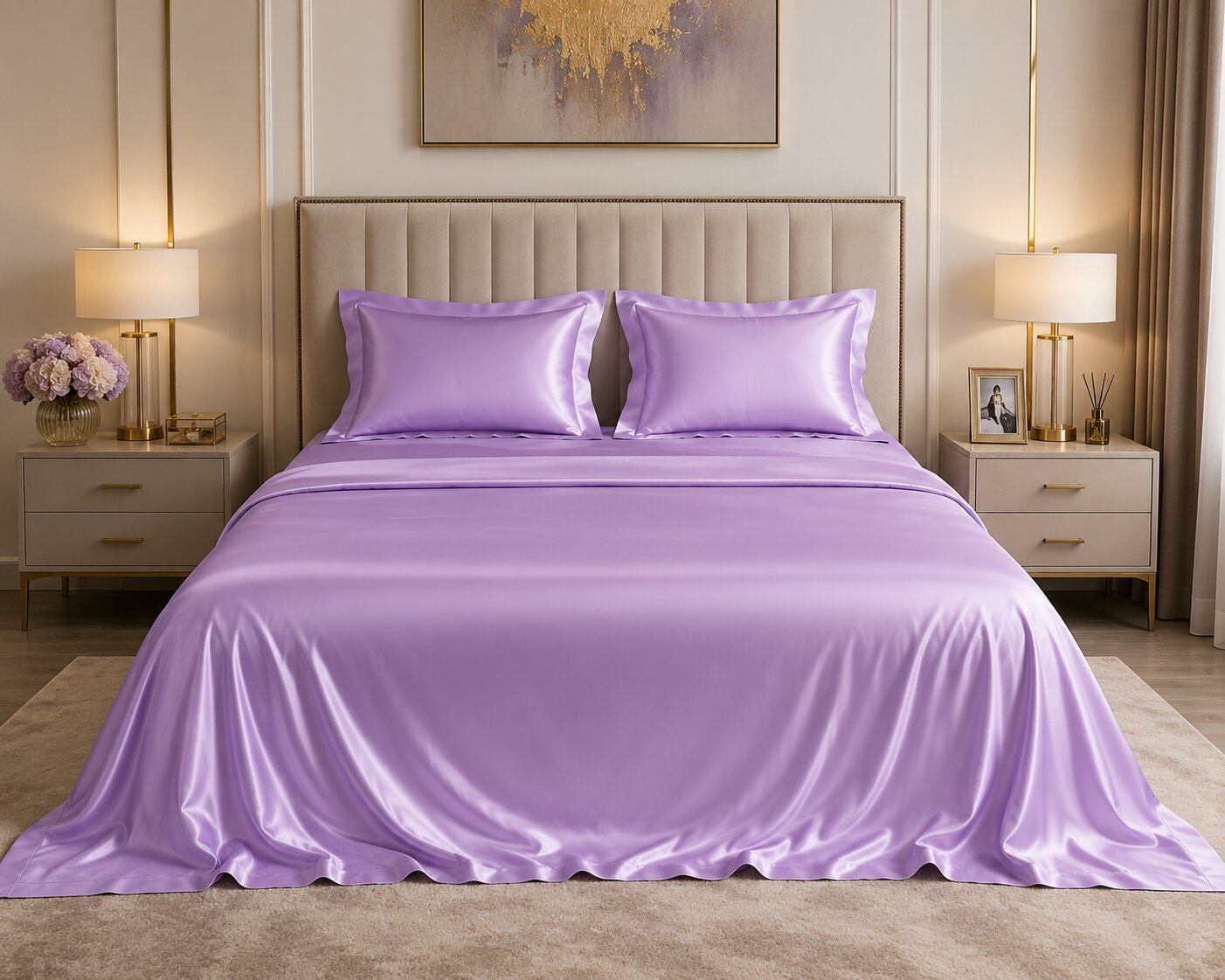 Lavender Satin Flat Bedsheet Set | Double Bed | 1 Sheet + 2 Pillow Covers