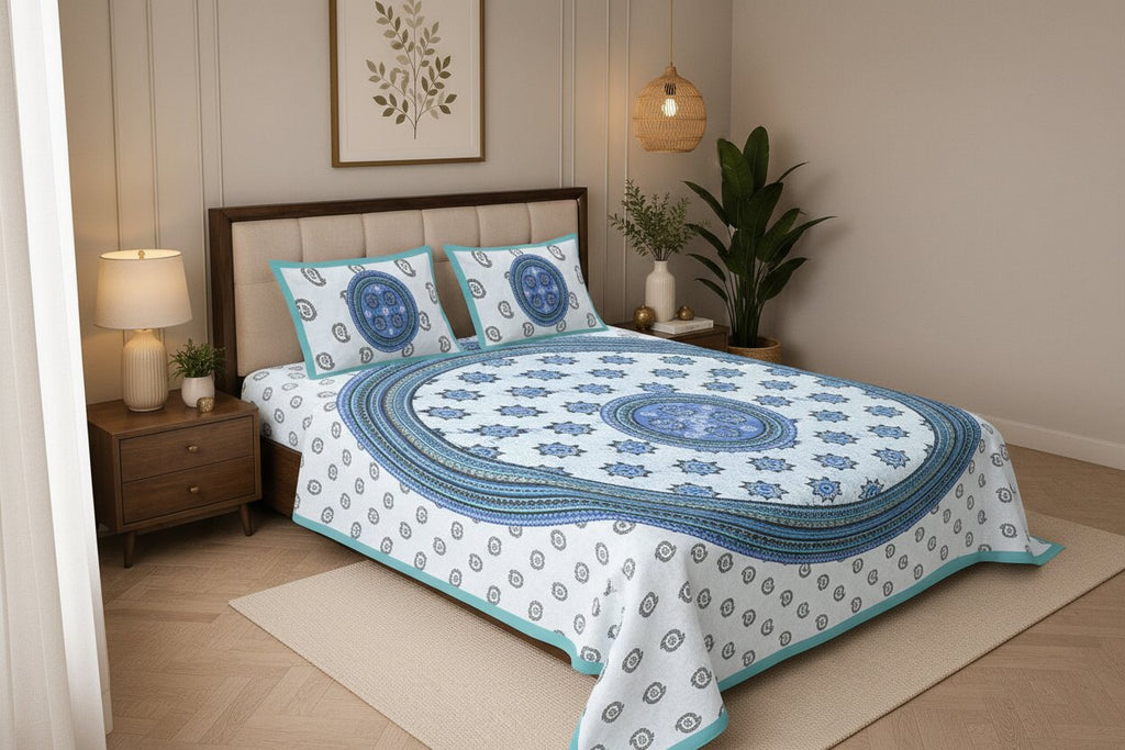 Pure Cotton Blue Mandala Circle Double Bedsheet 💙✨