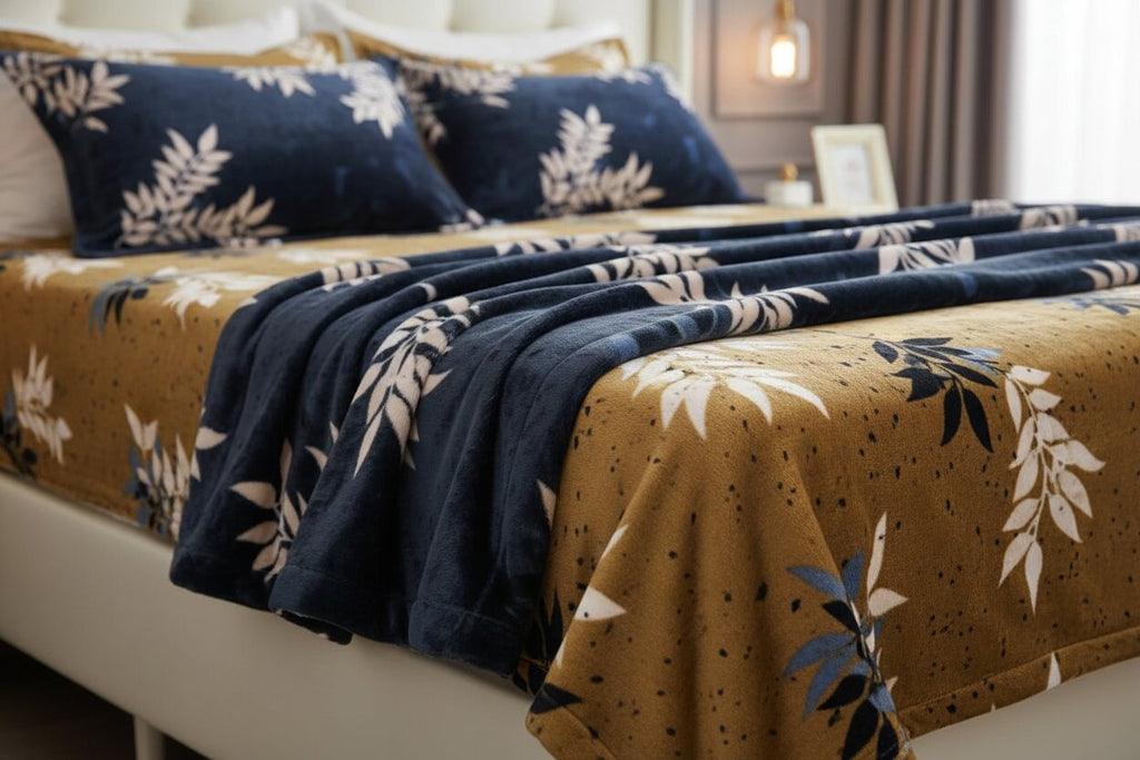 MVB Midnight Gold Vine | Super Soft Velvet Double Bedsheet with 2 Pillow Covers