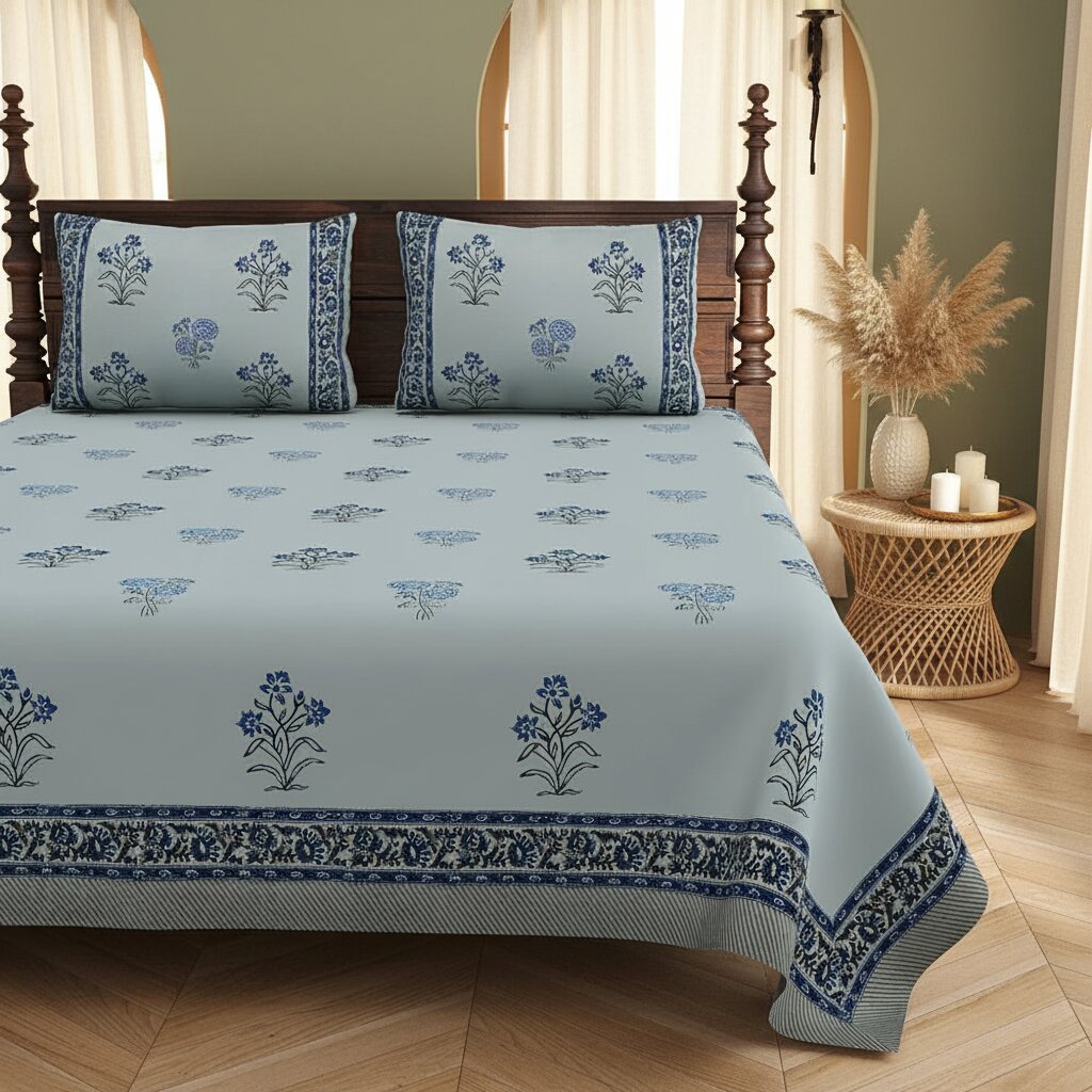 Powder Blue Indigo Floral Hand Block Print King Size Bedsheet | 400 TC 100% Pure Cotton