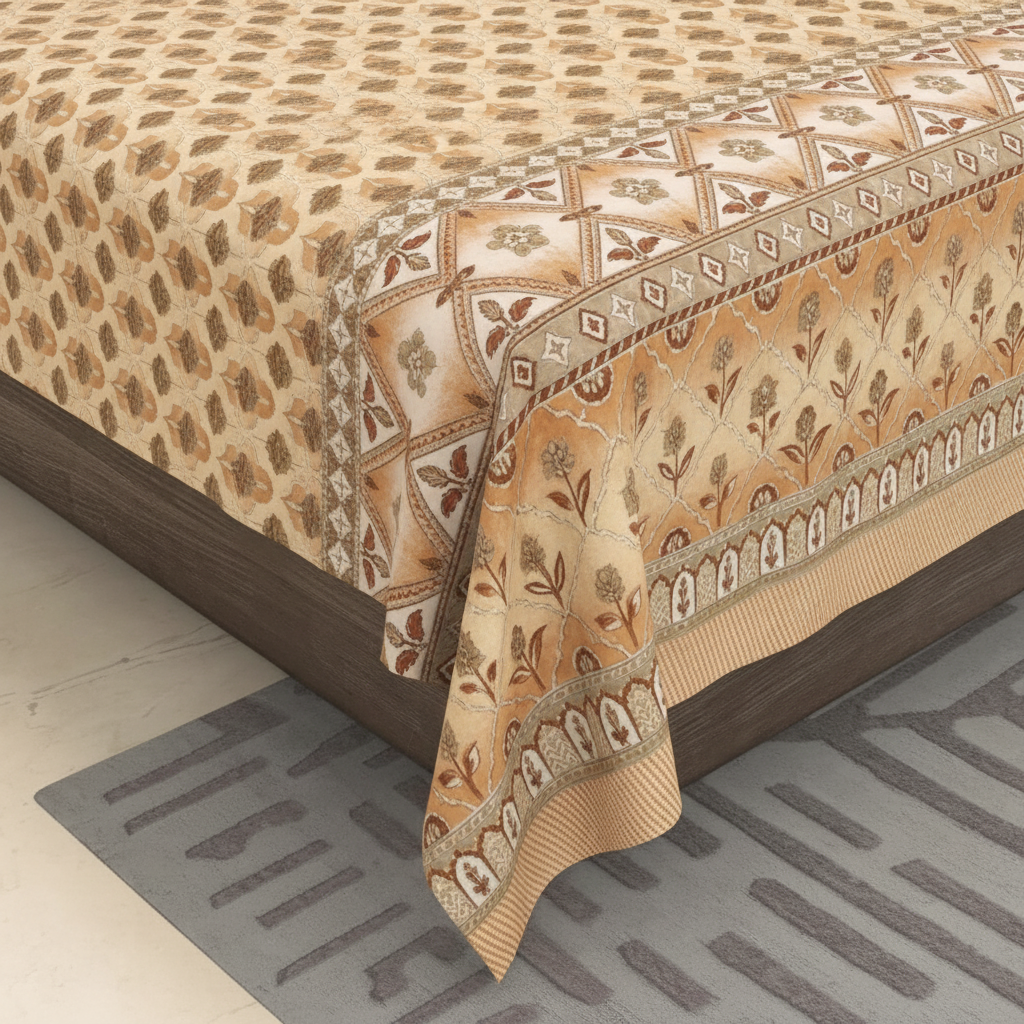 Beige Block Print Bedsheet Border