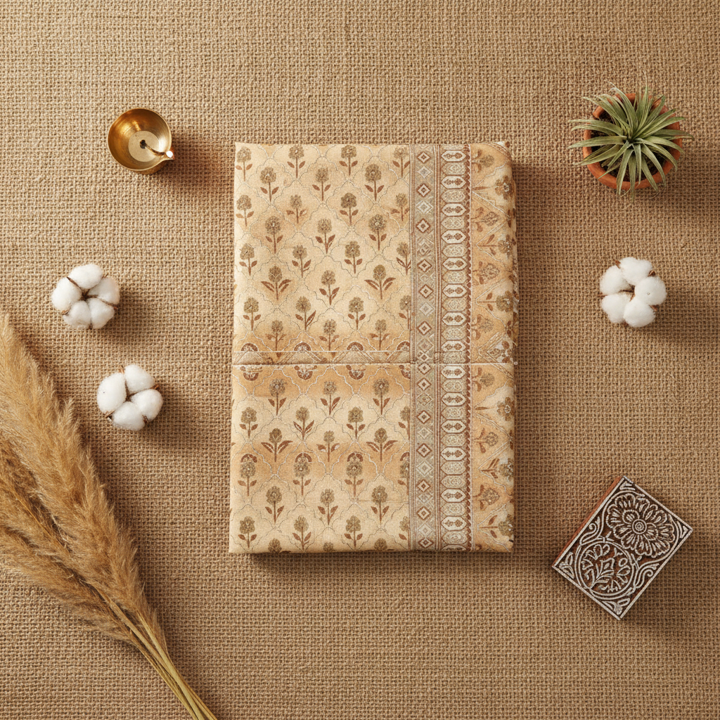 Beige Block Print Bedsheet Flat Lay