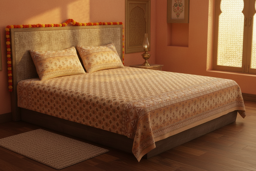 Beige Block Print Bedsheet Haveli