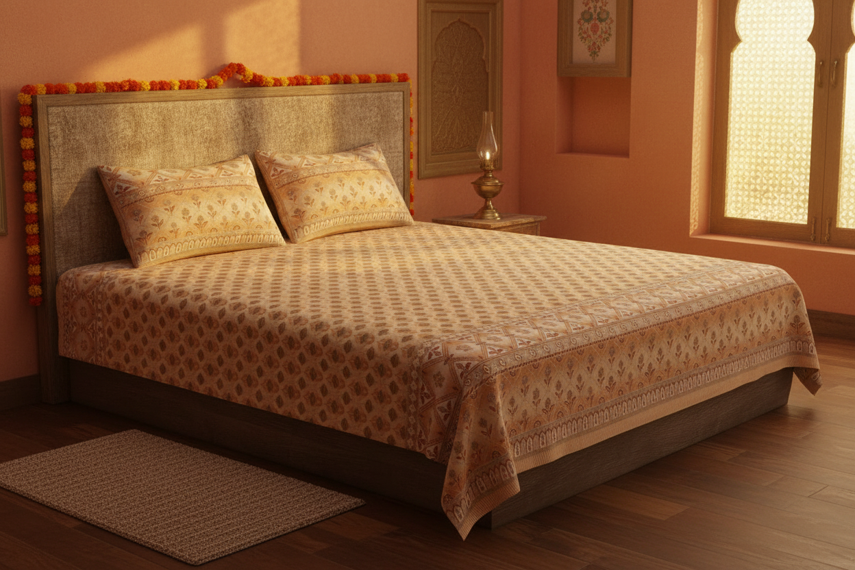 Beige Block Print Bedsheet Haveli