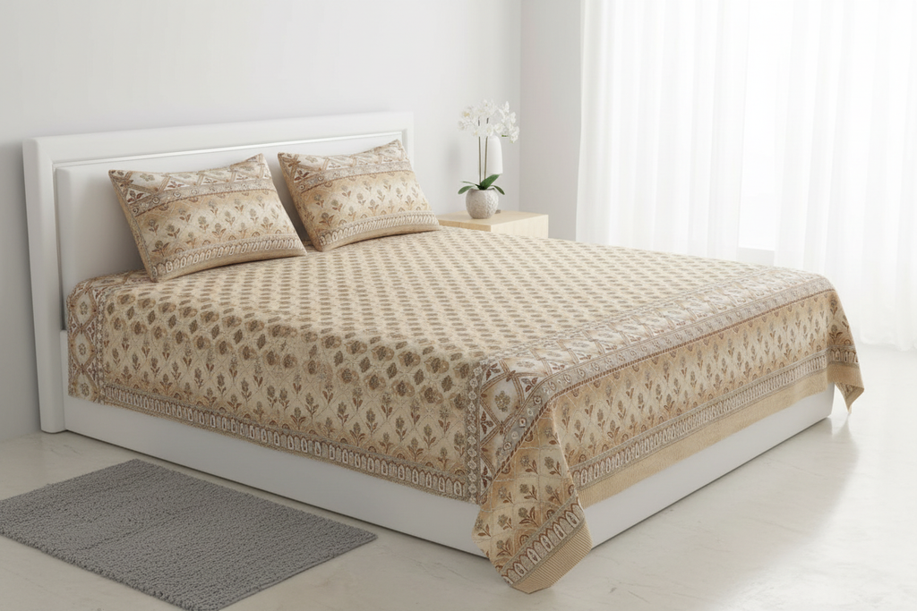 Beige Block Print Bedsheet Spa Bedroom