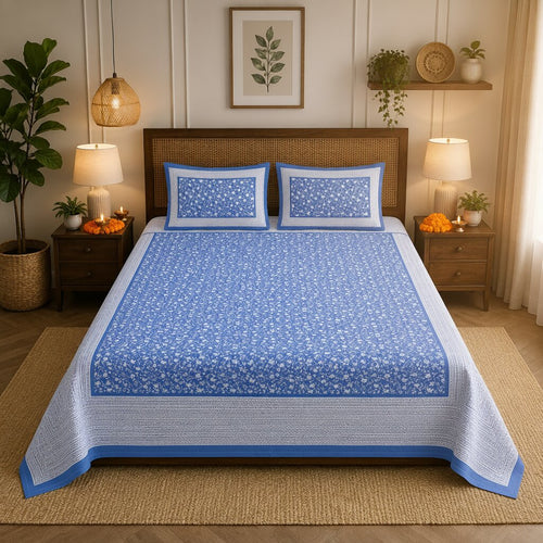 Blue Floral Double Bedsheet Set with 2 Pillow Covers - MVB YUGVIGYANA