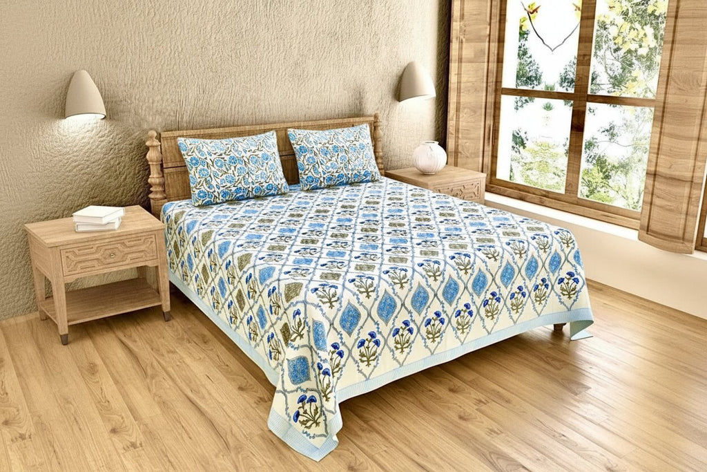 MVB Ultra Premium Block Print King Size Bed Sheet Set | 400 TC | 100% Pure Cotton | 3 Pcs
