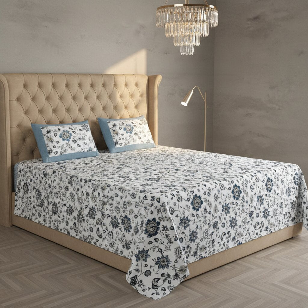 Buy Pure Cotton Double Bedsheet 240 TC – Blue Jacobean Floral Print | MVB YUGVIGYANA