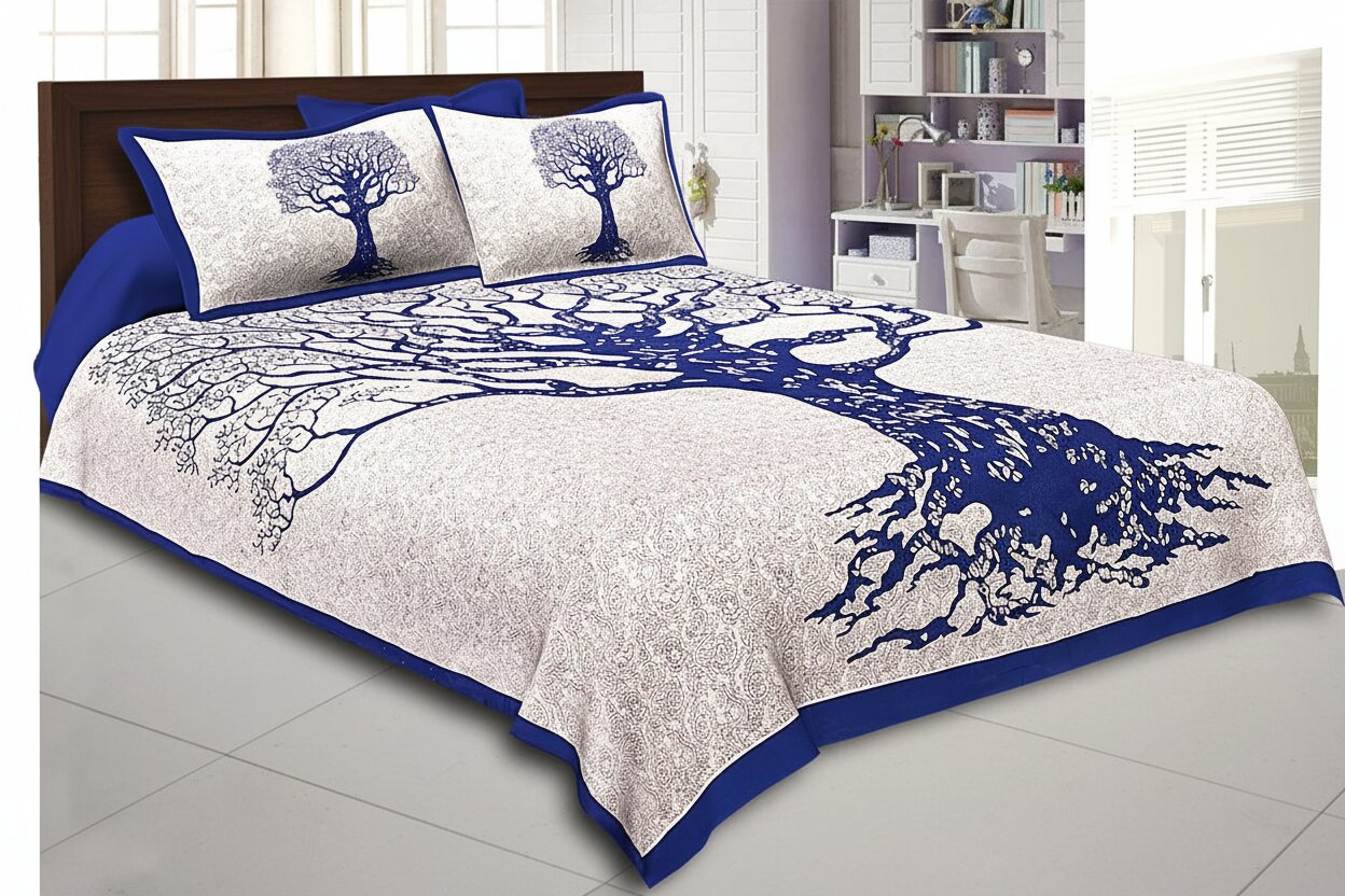 MVB Navy Blue Border White Base Big Tree Pattern Super Fine Cotton Double Bed Sheet