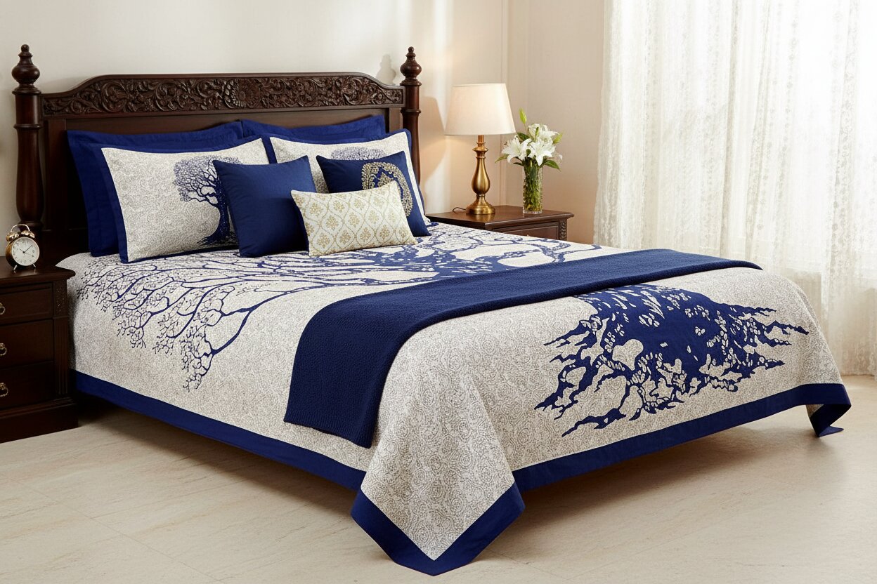 MVB Navy Blue Border White Base Big Tree Pattern Super Fine Cotton Double Bed Sheet