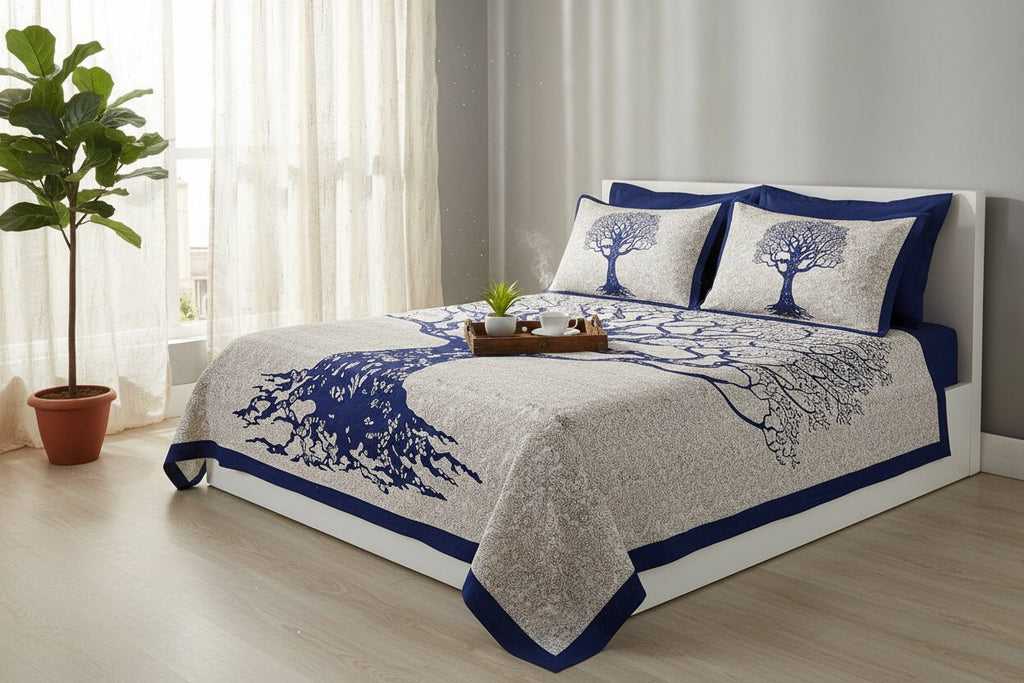 MVB Navy Blue Border White Base Big Tree Pattern Super Fine Cotton Double Bed Sheet