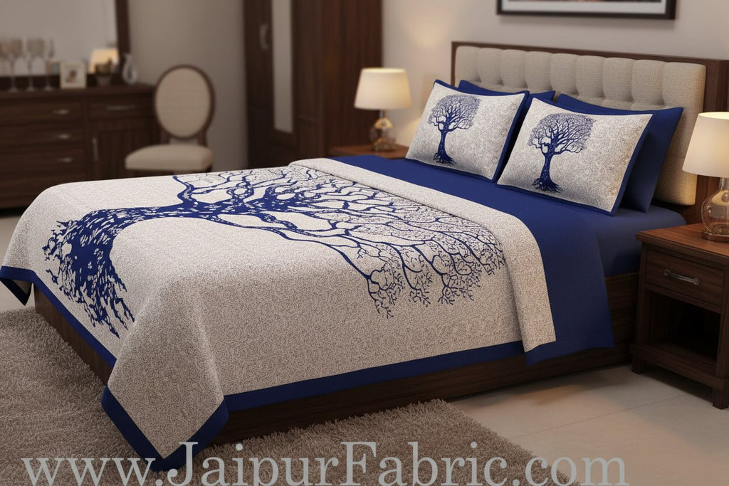 MVB Navy Blue Border White Base Big Tree Pattern Super Fine Cotton Double Bed Sheet