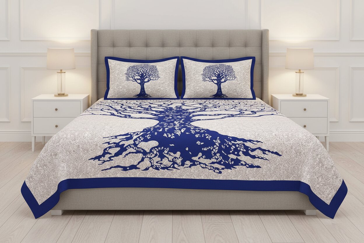 MVB Navy Blue Border White Base Big Tree Pattern Super Fine Cotton Double Bed Sheet
