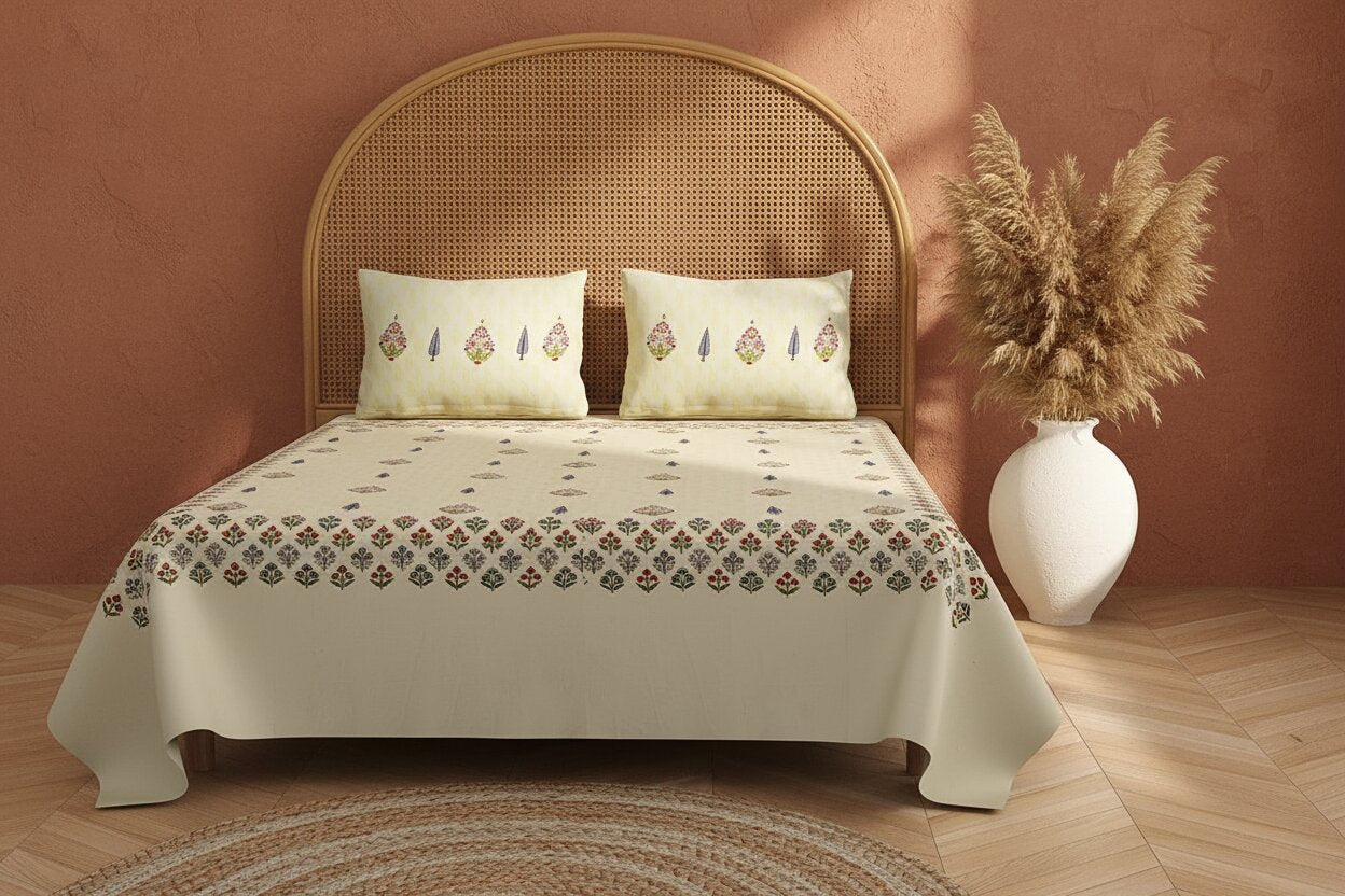 Cream Base Multi-Color Floral Motif Hand Block Print King Size Bedsheet | 100% Pure Cotton