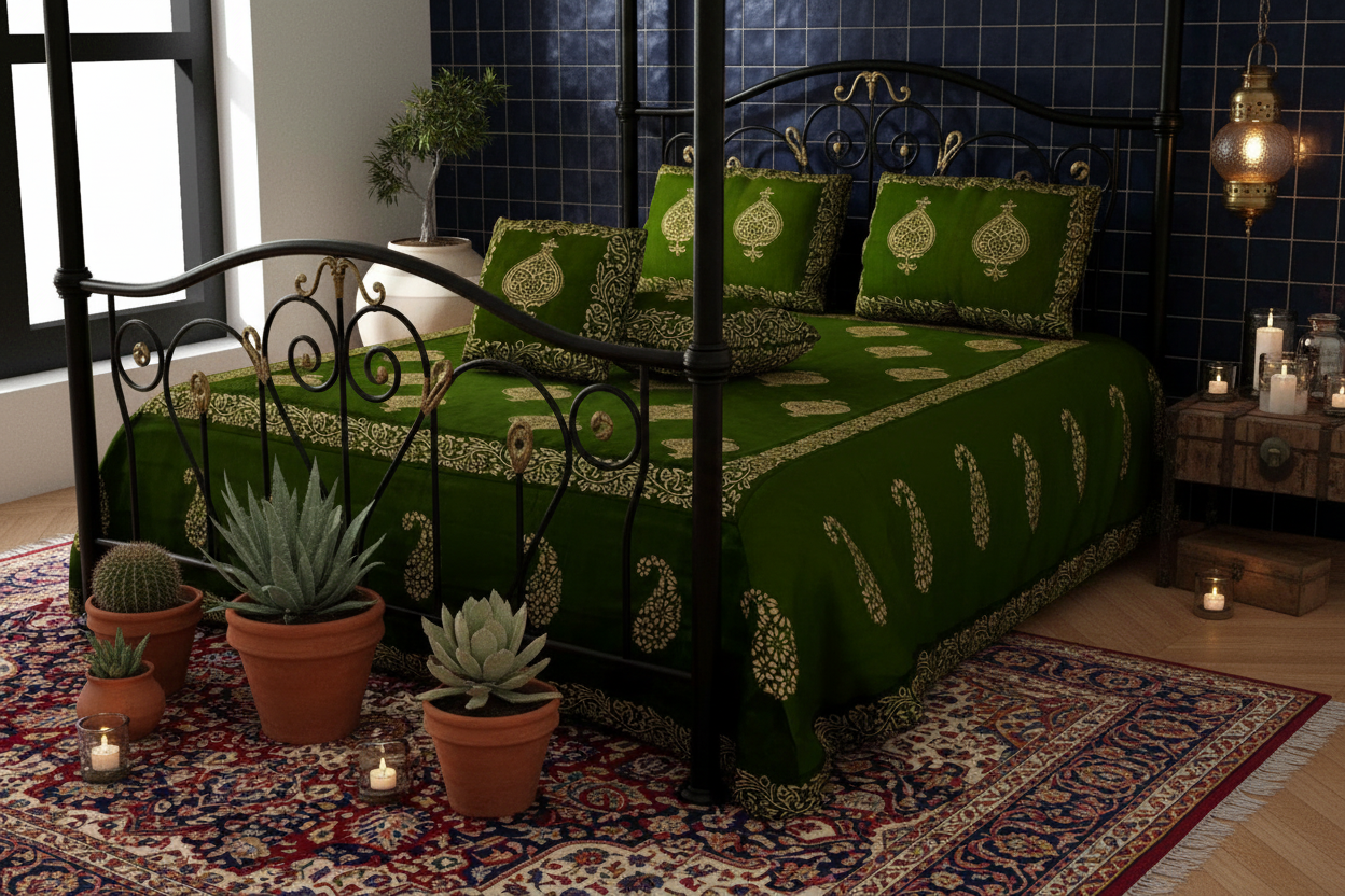 Mahendi Green Khadi Silk Hand Block Print Double Bedsheet | 240 TC | 5 Piece Set