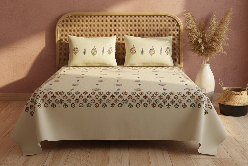 Cream Base Multi-Color Floral Motif Hand Block Print King Size Bedsheet | 100% Pure Cotton