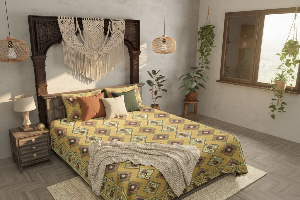 MVB BSD2829 Double Bedsheet – Brown Gujri Dance Pattern | 100% Cotton | 180TC | With 2 Pillow Covers