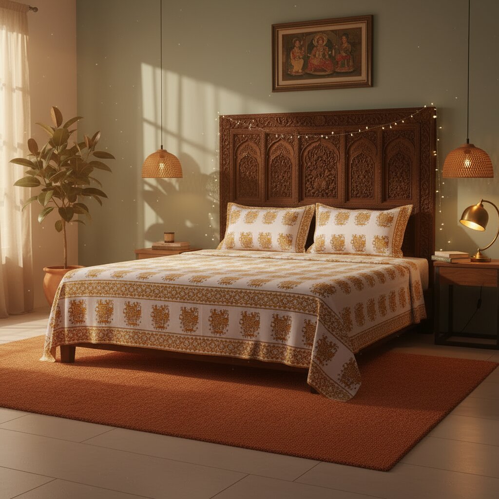 Pure Cotton Elephant Ride Double Bedsheet Mustard Yellow