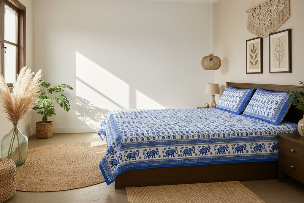 Double Bedsheet Paisley Sky Blue with Gold Print | 100% Pure Cotton | 180 TC | Set of 3 | MVB YUGVIGYANA